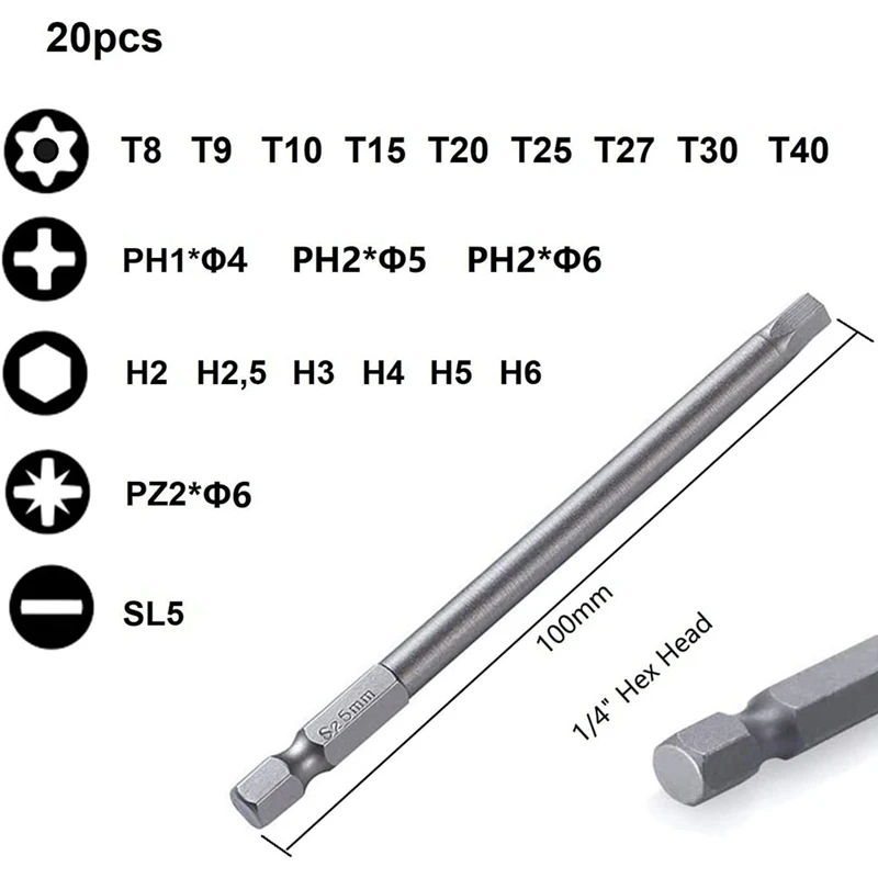 Nowy zestaw części długi, zestaw części magnetyczny 20 szt. 100Mm, T8-T40 Torx Bit, końcówka imbusowa H2-H6, PH1 PH2, PZ2, szczelinowy Bit, 1/4 Cal sześciokąt
