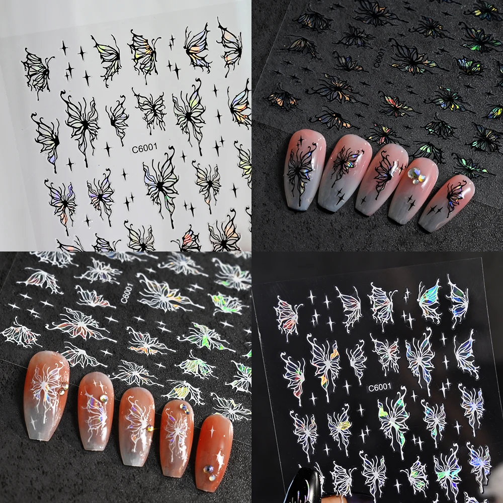 3D Aurora Butterfly Nail Art Stickers - 4 Colors Holographic Laser Black/White/Pink/Purple Bronzing Metallic Effect Nails Decals