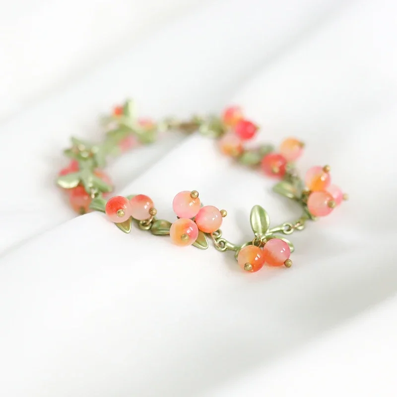 Birthday Jewelry Gift Sweet Orange Beaded Plant Leaves Bracelet Fruit Peach Red Cherry Bracelet Charm for Women Party