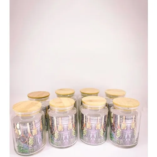 Heart Bamboo Cap Vacuum Borosilicate Glass Jar 800 ml & 8 Pcs