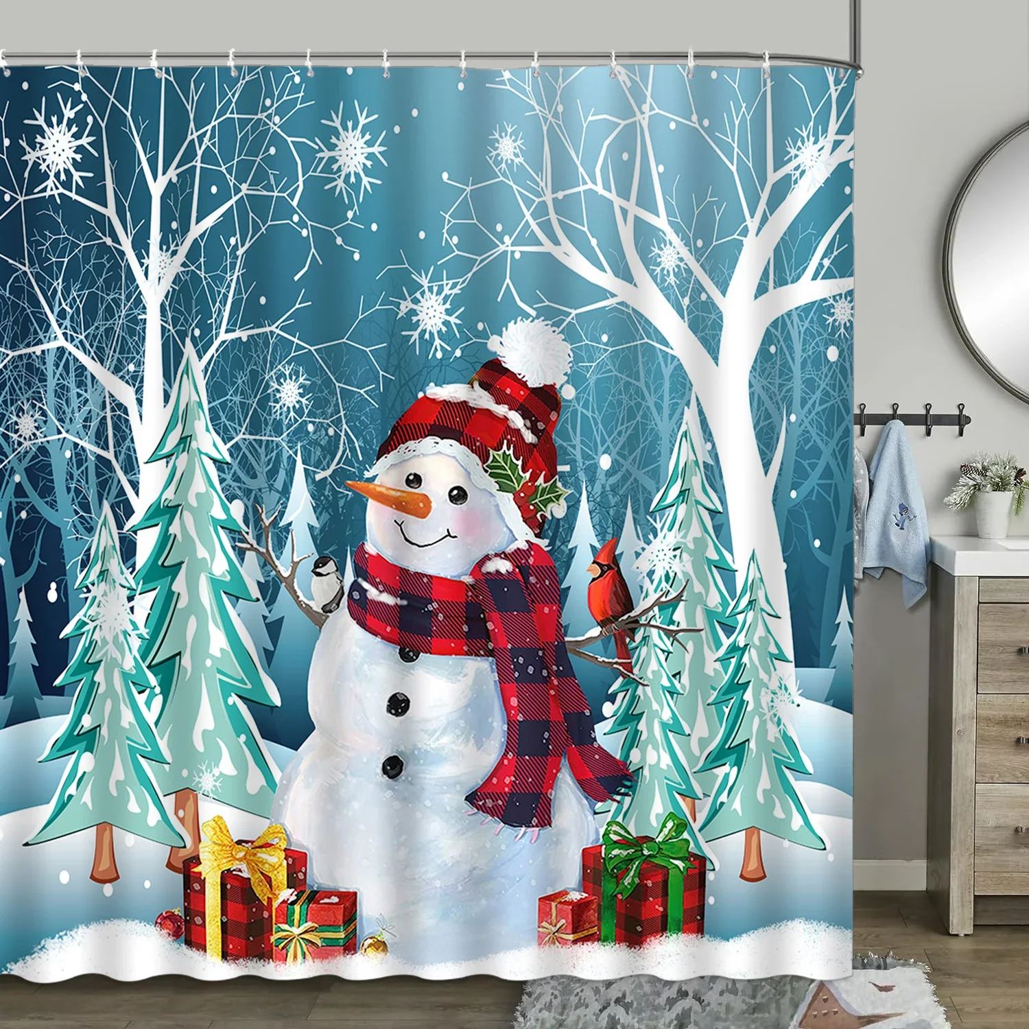 Christmas Shower Curtain, Winter Farm Snowman Truck Farmhouse Christmas Tree Cow Pig Christmas Balls Snowflake Bathroom Decor