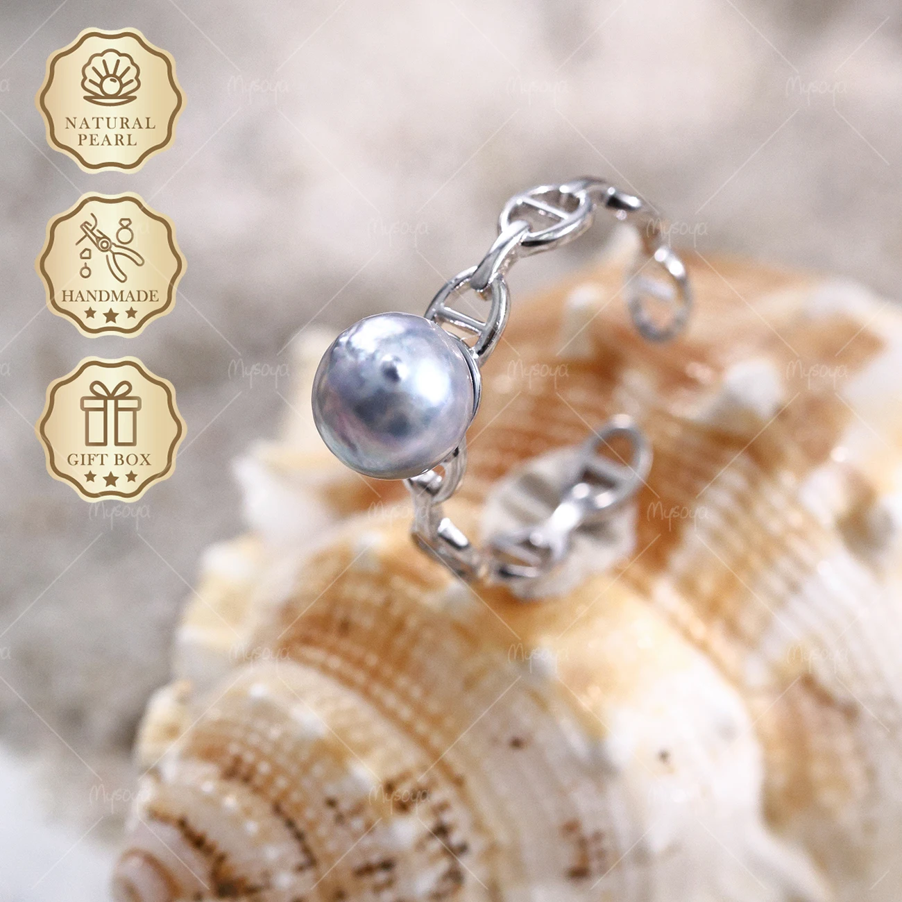 MYSOYA Blue Gray Baroque Akoya Pearl Open Ring 7.5-8mm Simple Silver Ring, Gift Box, Jewelry S316