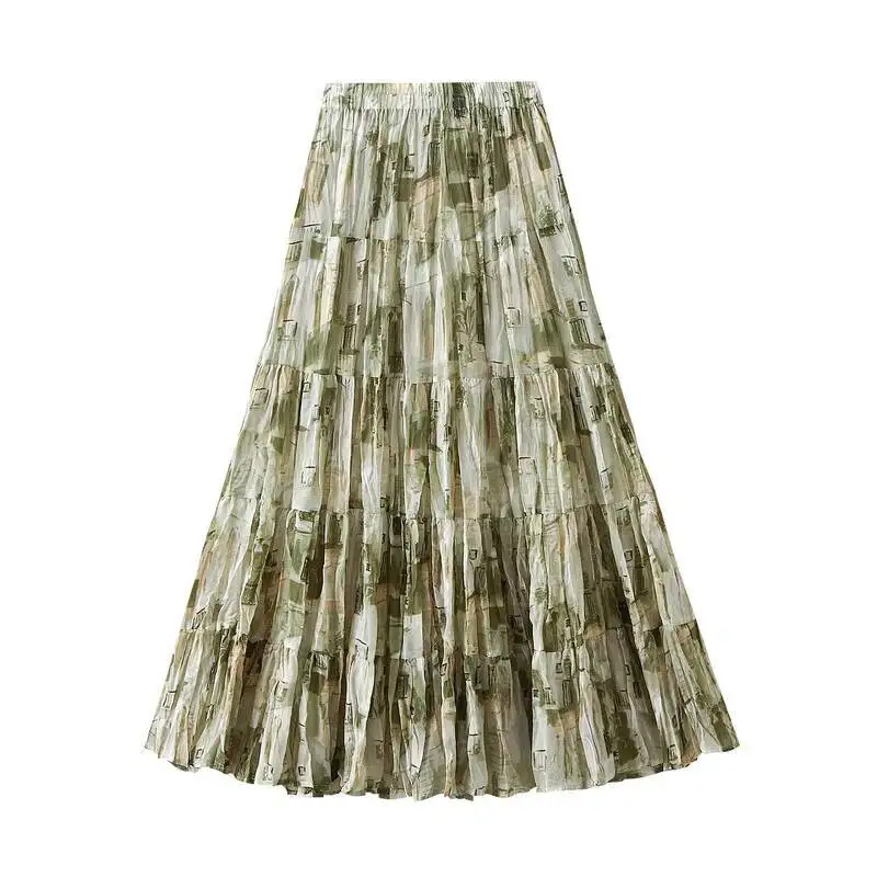 

Women Floral Print Chiffon Pleated Skirt 2025 Female Fashion Elegant High Waist Loose Casual Long Skirts