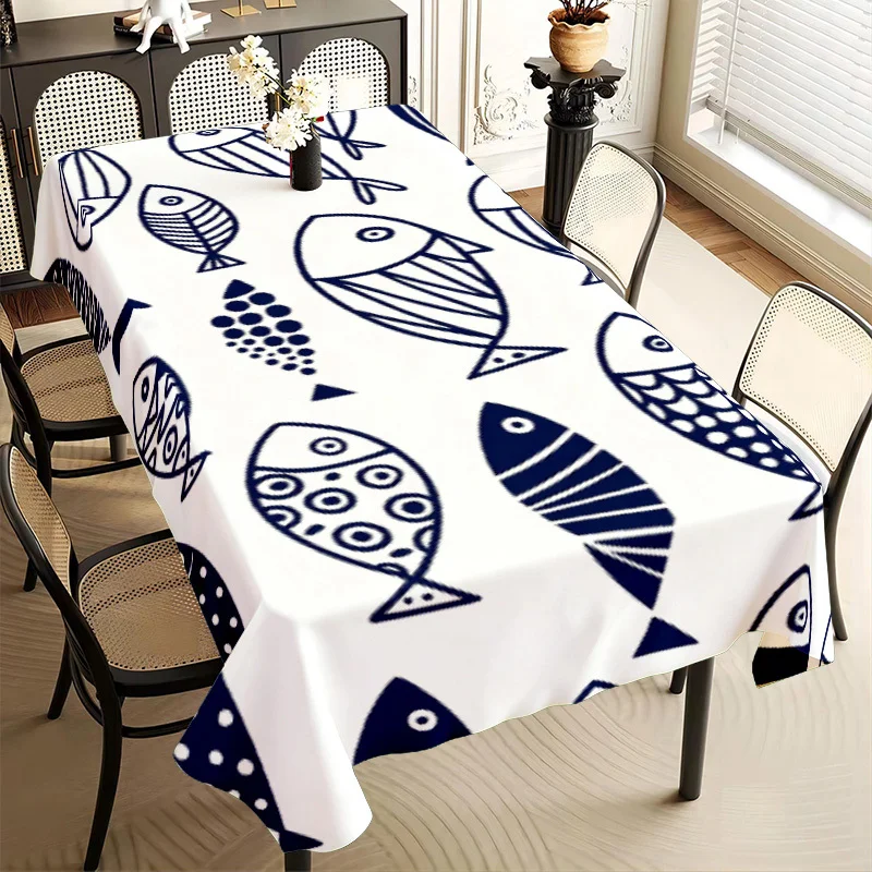 2D Flat 1pc Blue And White Little Fish Rectangular Tablecloth, Machine Washable Easy Clean Fade Resistant Table Cover for Dining