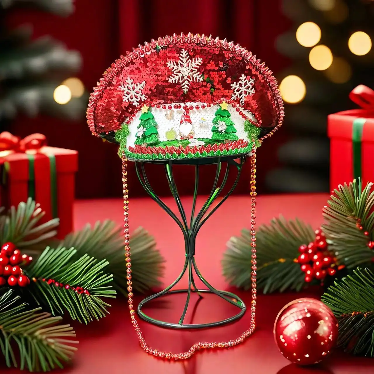 HongLuan Festival Captain Hat Rhinestone Gemstone Christmas Tree Pattern Red Green Gemstone Navy Suitable for Christmas Party