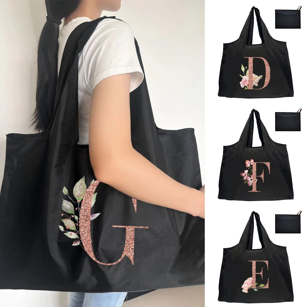 

Shopping Folding Pouch Handbags Picnic Storage Bag Large-Capacity fo Travel Grocery Tote Beach Bag Rose Gold Letters and Flowers