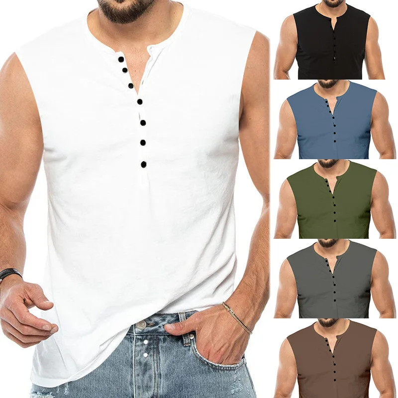 Men's Vest Sleeveless Summer New Men's Henry Shirt Solid Color Button Sports Fitness Vest