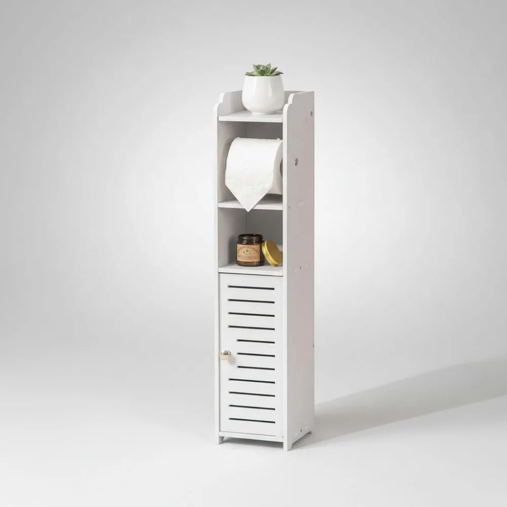 

Тонкий шкаф для хранения в ванной комнате с держателем для туалетной бумаги для небольших помещений - белый