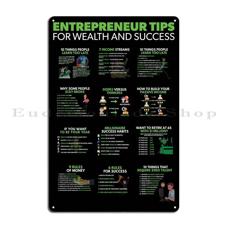 Entrepreneur Success Tips Metal Plaque Poster Club Home PaintingCustomize Design Tin Sign Poster