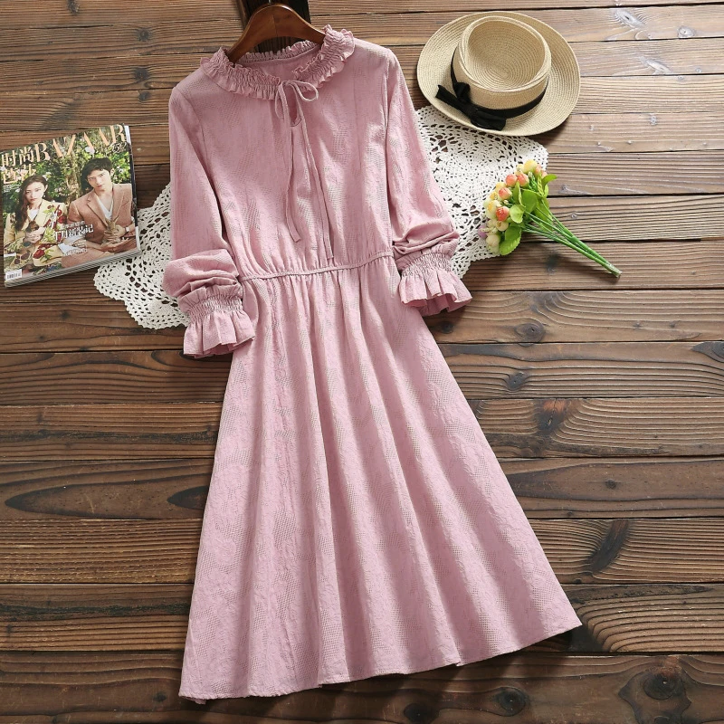 Blue Pink Vintage Dress Spring Autumn Women Long Sleeve Cotton Linen Lace-Up Elegant Vestidos Female Jacquard Dresses