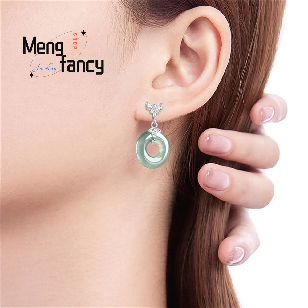 Natural A-goods Jadeite Blue Water Ice Jade Earrings S925 Silver Inlaid High-grade Fashion Exquisite Luxury Jewelry Holiday Gift