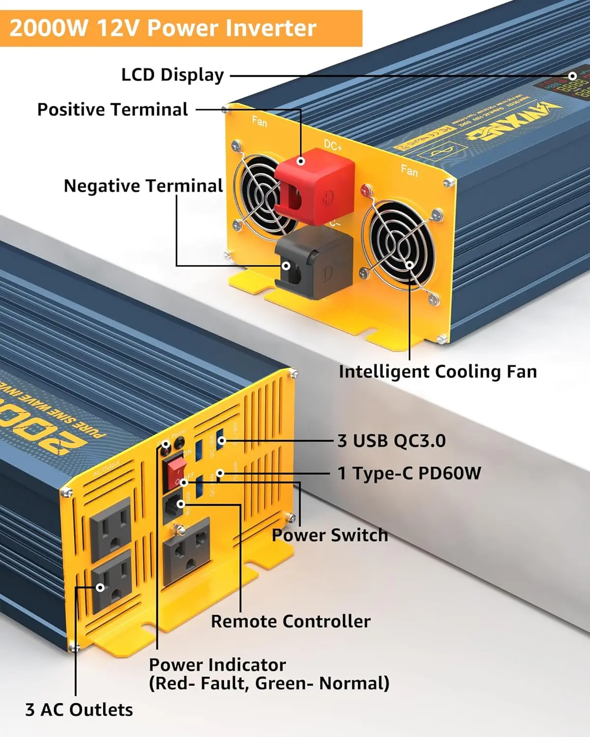 Inversor de potencia de onda sinusoidal pura, controlador remoto con pantalla LCD, carga rápida tipo C y 3 puertos USB, cc 12V a 110V 120V