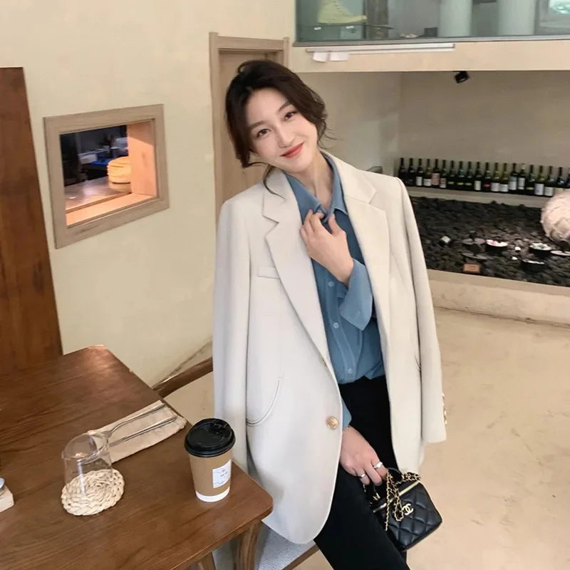 2024 Spring Autumn New Women Casual Suit Jacket Beige Black Light Coffee Color Notched Collar Loose Office Ladies Blazers Coat