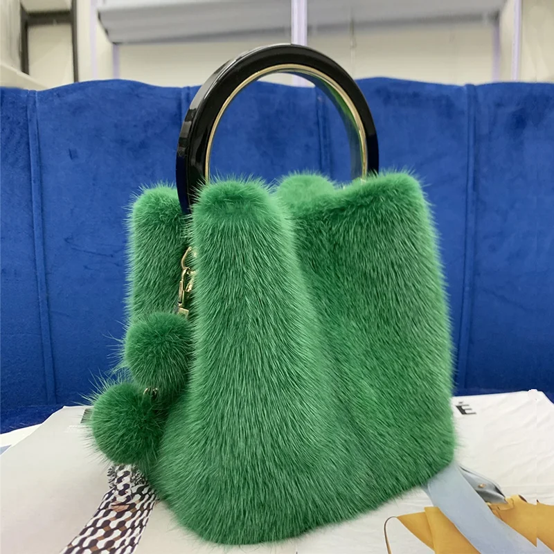 Bolsa de luxo Real Mink Fur para mulheres, moda coreana, iniciadas senhoras, bolsa designer na moda, sacos azuis para meninas, novos