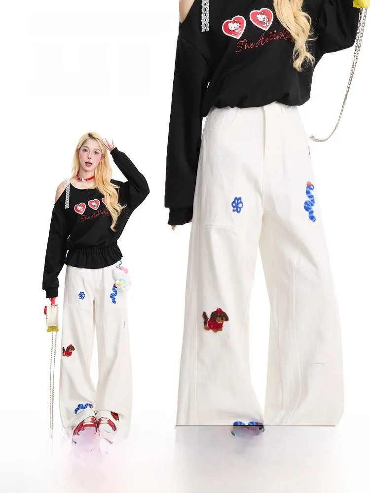 

NERESUM Cartoon Washed White Jeans Women's American Trendy Brand Straight Leg Wide Leg Pants Cotton Natural Waist Button Fly