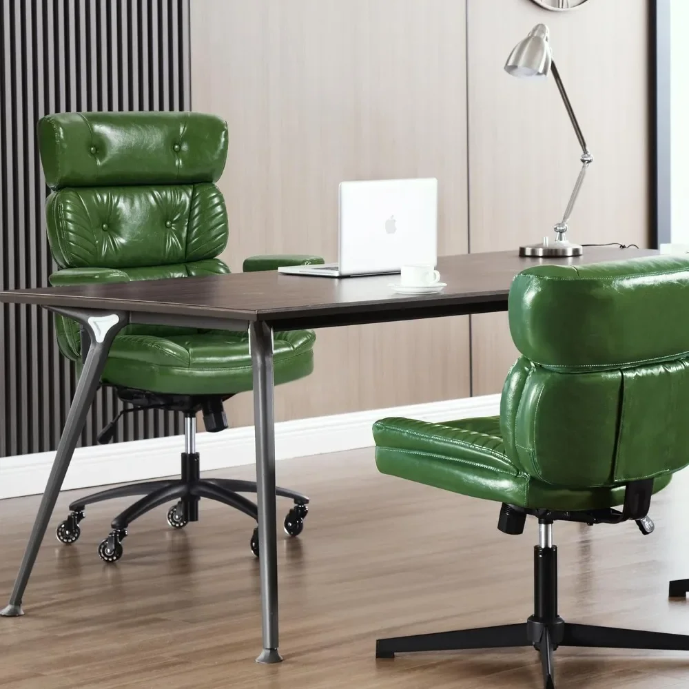 Executive Office Chair, Vintage Green Leather with Rubber Wheels,Ergonomic Three Section High Back Support, Computer Desk Chair