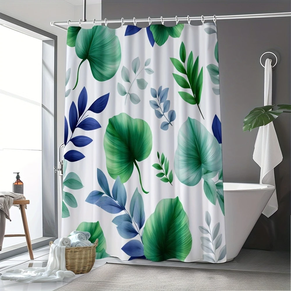 

Зеленая и темно-синяя занавеска для душа с ботаническим рисунком, полиэфирная ткань, можно стирать в машине, подходит для декора ванной комнаты.