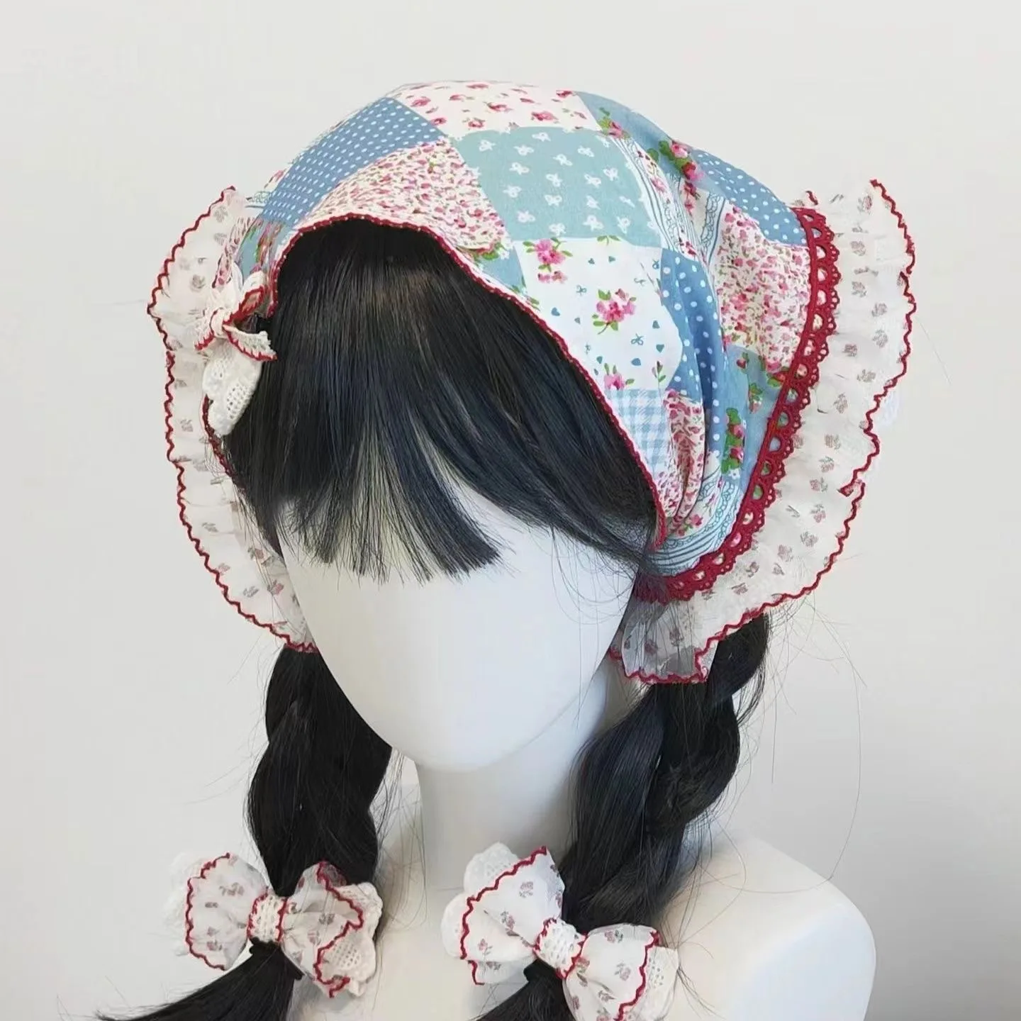 

Women's Scarf Kawaii Sweet Style Square Hijab Small Floral Triangle Scarf With Milk Spots Hair Accessories Fashion Lolita Scarf