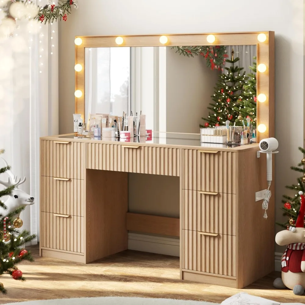 

47 Makeup Vanity Desk with Large Mirror & LED Lights, Fluted Vanity with 7 Drawers, Tempered Glass Top & Charging Station