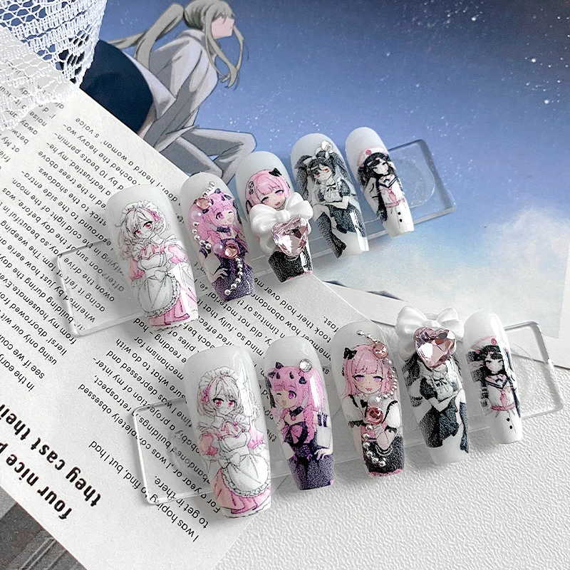 10 Stück handgefertigte, sargförmige Nägel, schöne Kunstnägel, niedliche Anime-Maid-Nagelkunst, Loli-Muster, geeignet für Frauen. – Detail 3