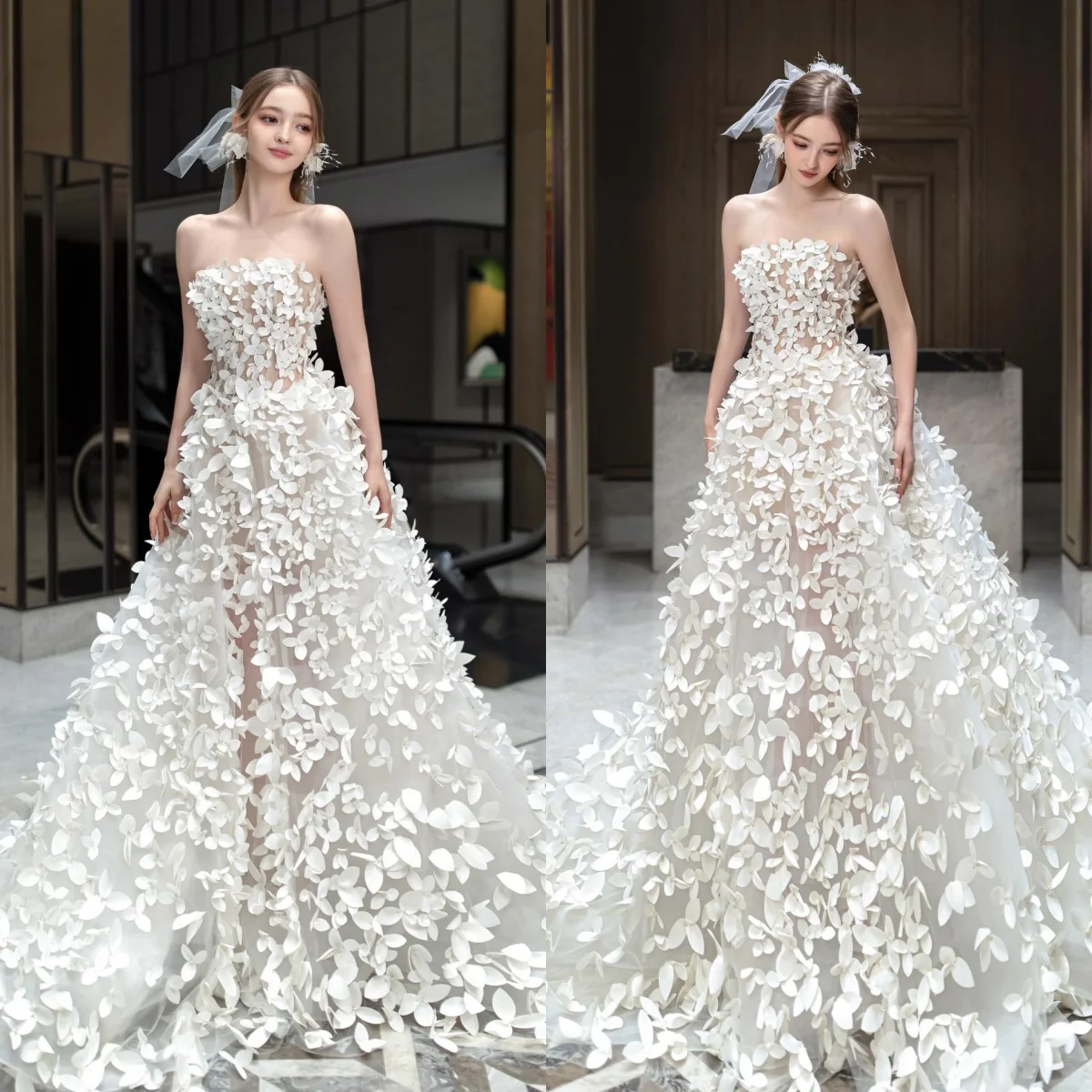 Vestido de novia blanco personalizado, línea A, exquisito, alta calidad, fiesta nupcial, apliques de ensueño, vestidos de novia sin tirantes de gasa