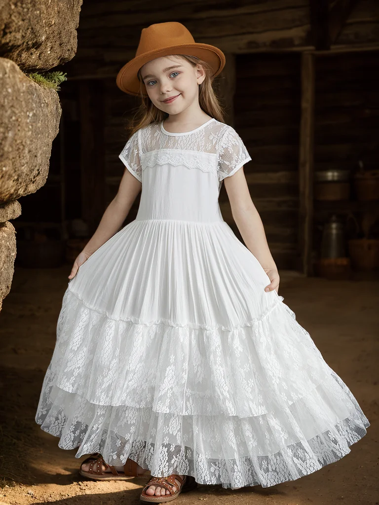 Christmas New Family Gathering Children's Versatile Solid Color Evening Dress Lace Short Sleeve Backless Fashion Dress