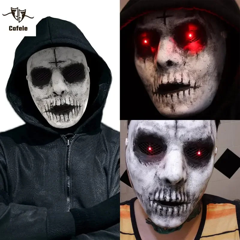 Cafele-Máscara de demonio asesino, ojos rojos iluminados, Cosplay, espeluznante y terrorífico, máscara de terror para Halloween, fiesta de disfraces de Mascarada