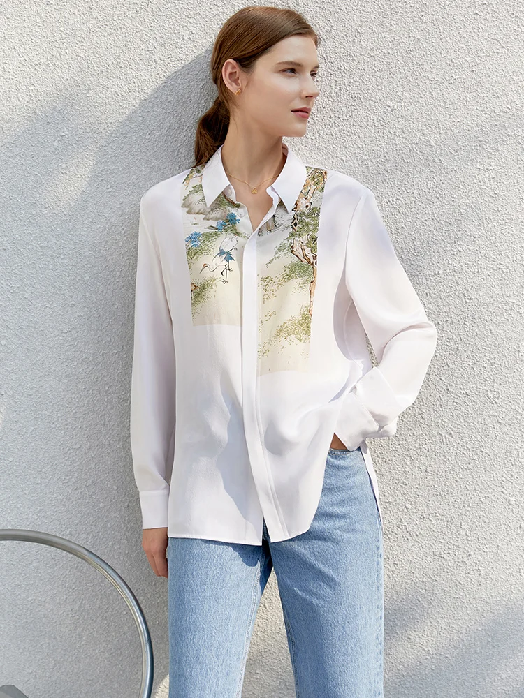 Amii Minimalism Summer Blouse Women\'s Office Lady Vintage Printed 100% Silk Shirts Blouses Elegant Shirt Female Tops 12270068