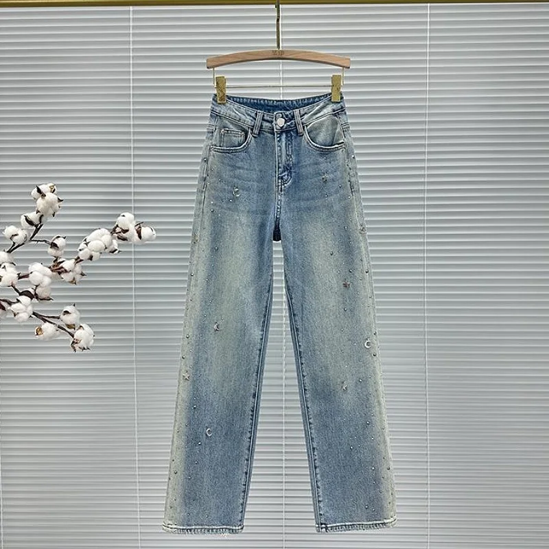 

Широкие джинсы с высокой талией, женские длинные брюки, весенняя мода, новые свободные универсальные европейские джинсы с бриллиантами, длиной до пола