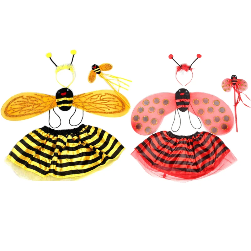  Disfraz de Abeja de 4 Piezas Amarillo/Rojo, Diadema con Antenas de Abeja, Alas, Varita Mágica, Accesorios Divertidos de Hada