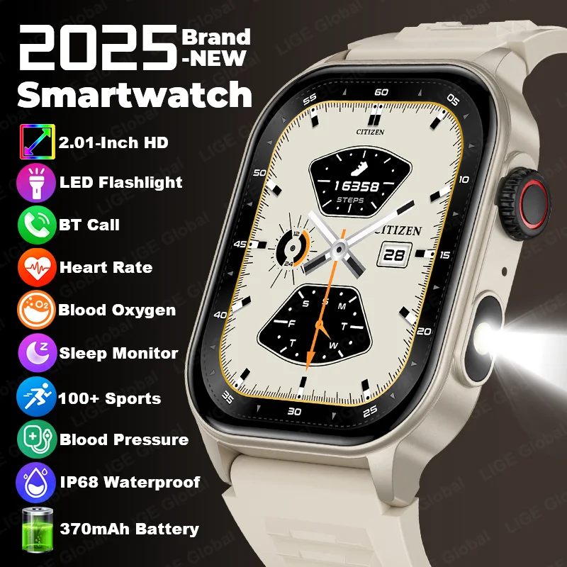 

LIGE 2025 Новые Смарт-часы Светодиодный фонарик 2,01 "HD Большой экран Bluetooth Вызов Сердечный ритм Артериальное давление Уличные умные часы для мужчин