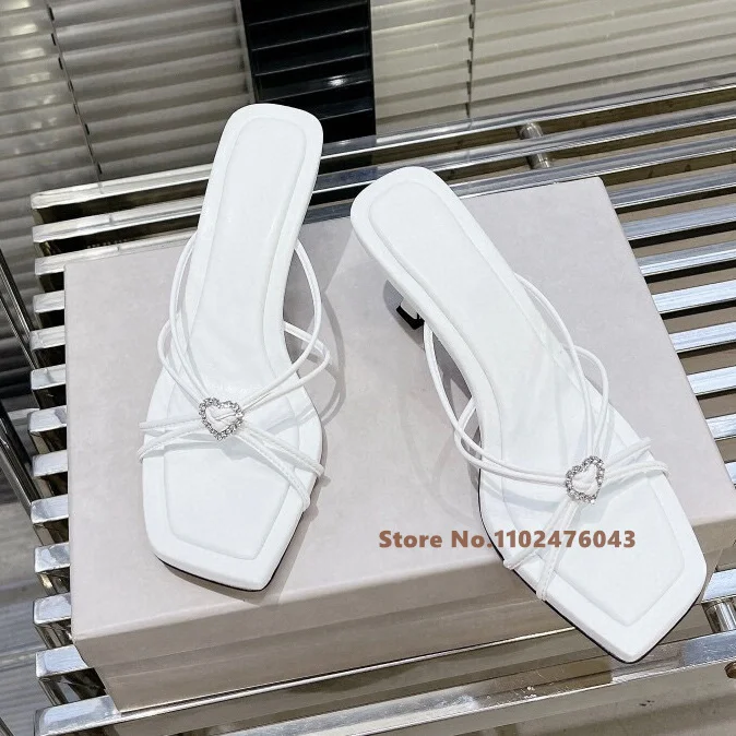 Square Head Love Rhinestone High Heel Sandals For Women Summer Open Toe Stiletto Heel Shallow Crystal Slippers For Outer Wear