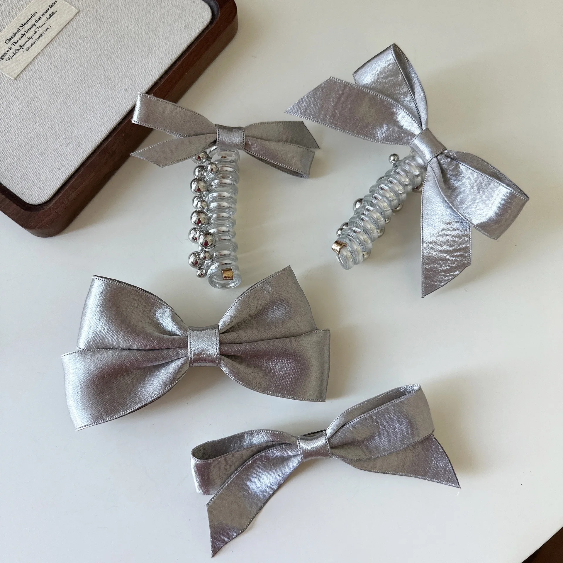Silver Bow Hair Clip with Phone Cord Hair Tie for High Ponytail Bubble Braid Cool Cute Girl Classic Versatile Premium Soft