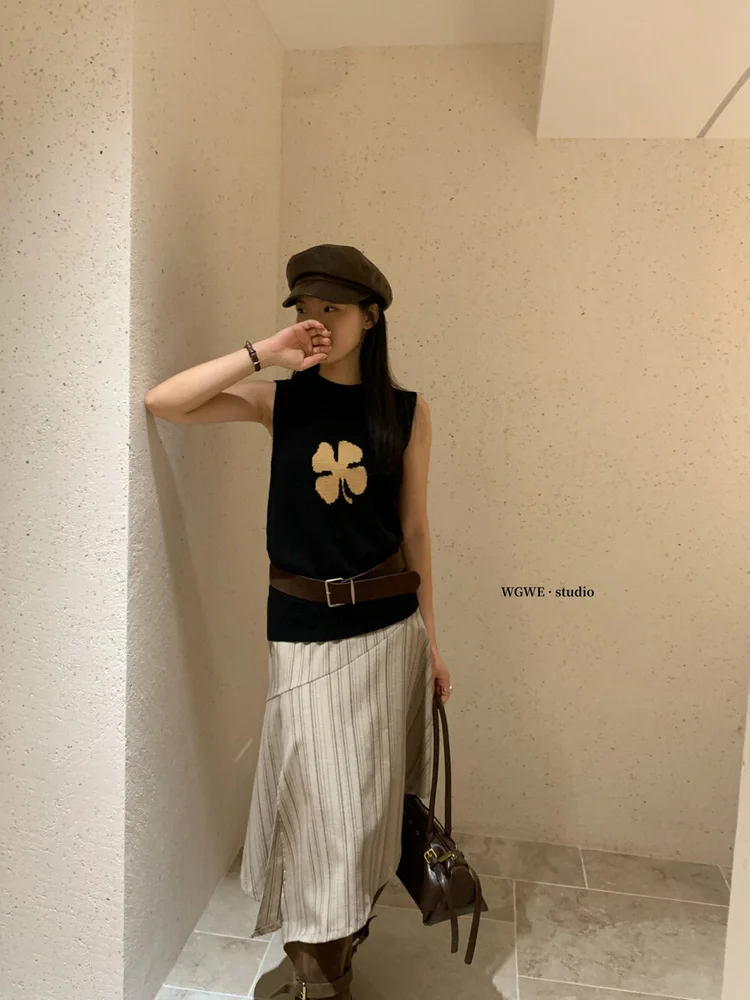 Koreaanse Sle Four Le Clover gebreid vest dames Svel bovenkleding casual ademende ronde Ne trui tanktop