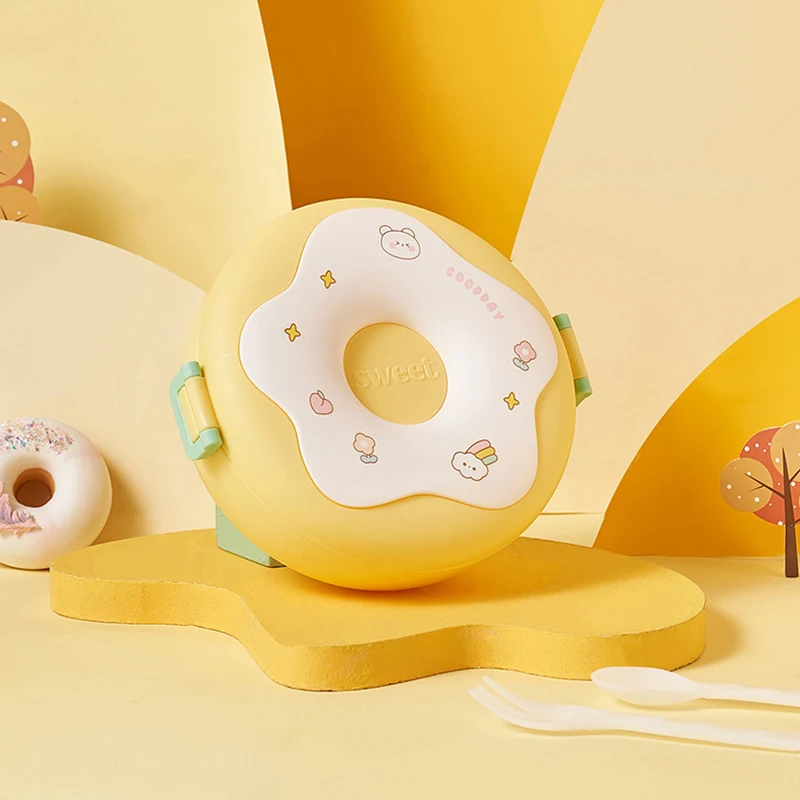Box For Kid School Child Snack Box Donut Cartoon Leakproof Bento Box Lunch Bags With Fork Spoon 3 Compartment Microwavable Lunch