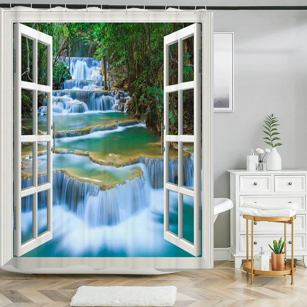 All kinds of 3D Forest landscape windows shower curtain home decoration curtains with hook  polyester waterproof curtain 240*180