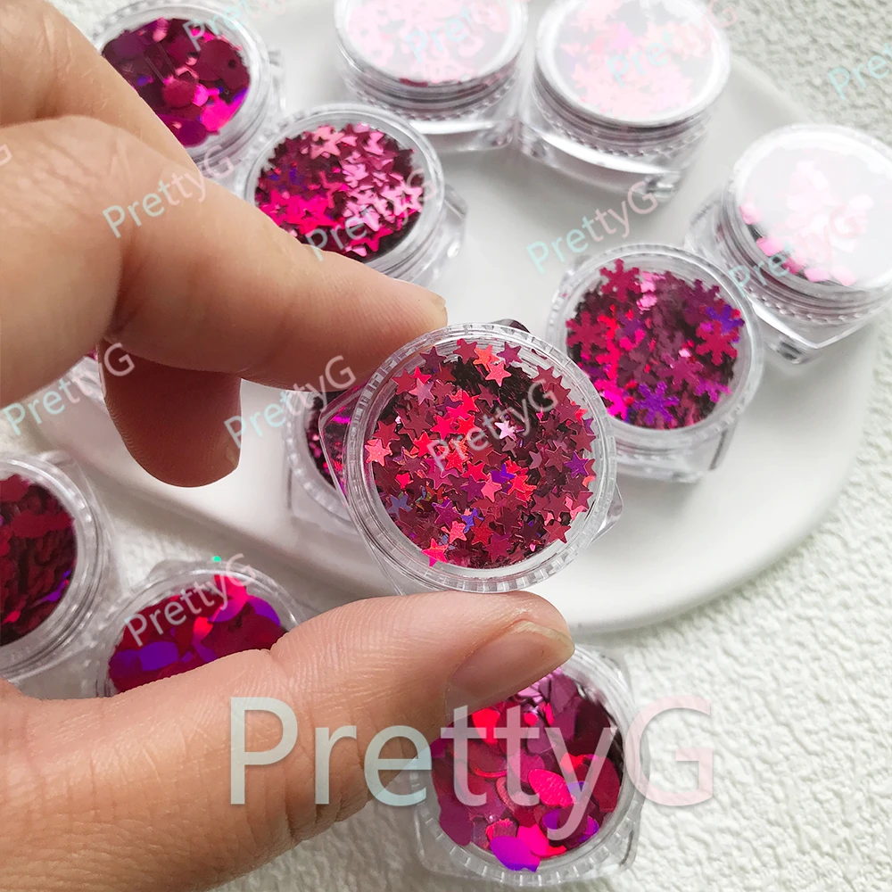 PrettyG 1 Juego de caja de 12 colores, purpurina holográfica rosa melocotón, forma de lentejuelas rojas, purpurina para uñas para decoración artística de uñas DIY de resina