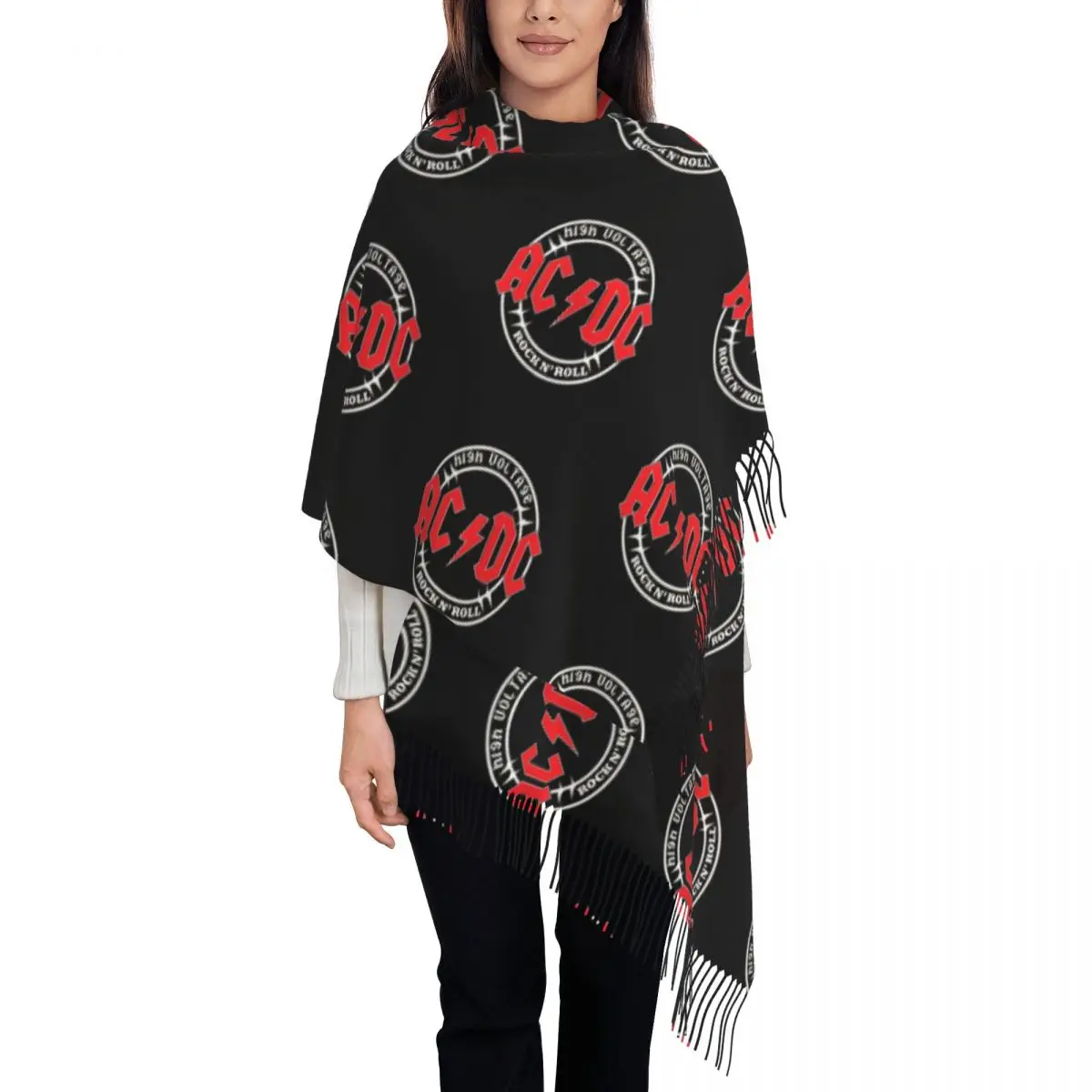 

Женские длинные винтажные шарфы в стиле рок AC DC, женские зимне-осенние мягкие теплые шаль с кисточками, шарф в стиле хэви-метал, музыкальная группа