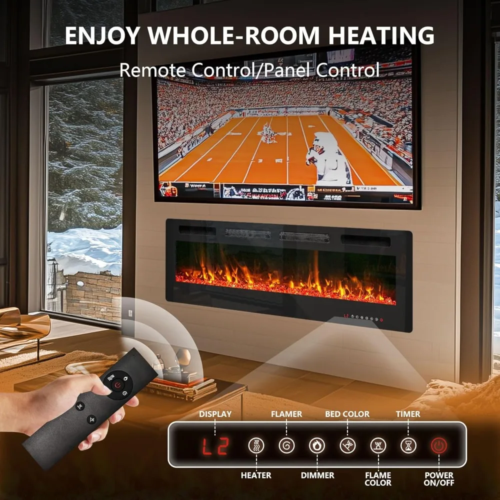 60" Ultra-Thin Electric Fireplace in-Wall Recessed,12 Flame & Ember Colors, Touchscreen/Remote Control