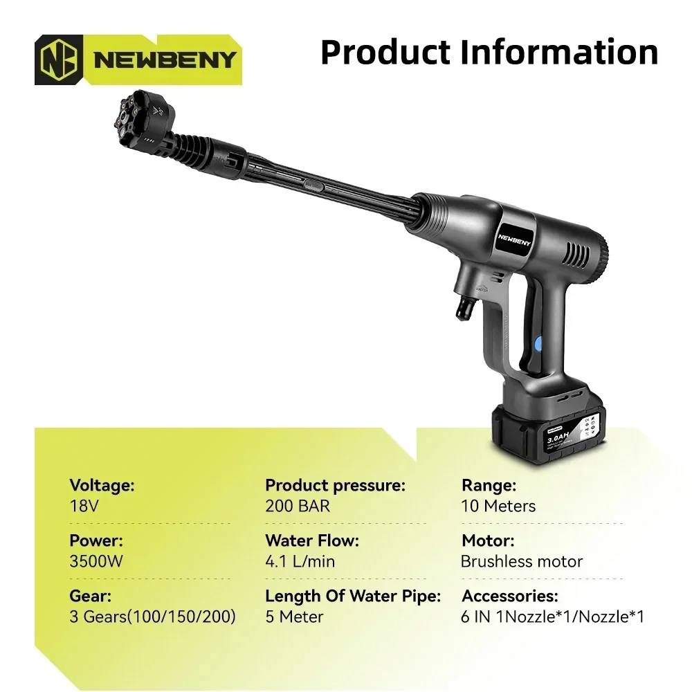 NEWBENY 200Bar  6 IN 1 Brushless Electric High Pressure Washer Cordless Car Cleaning Spray Gun Tools For Makita 18V Battery