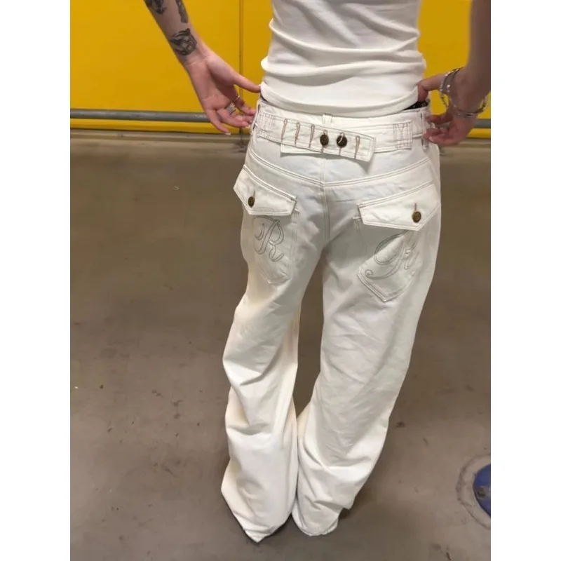 

Vintage American High Waist Wide Leg Paris Buckle Jeans Women Slimming White Denim Pants 2026 Trendy Casual Daily Wear Office