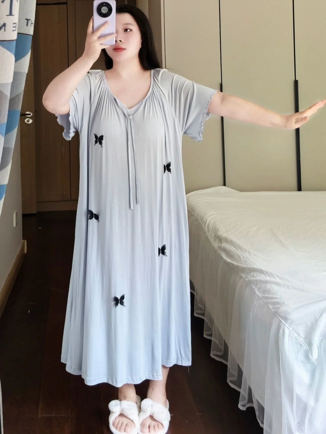 

plus Size Sleep Dress Splicing V-Neck Short Sleeve Long Knee-Length Home Clothes for Women Summer Thin Fabric