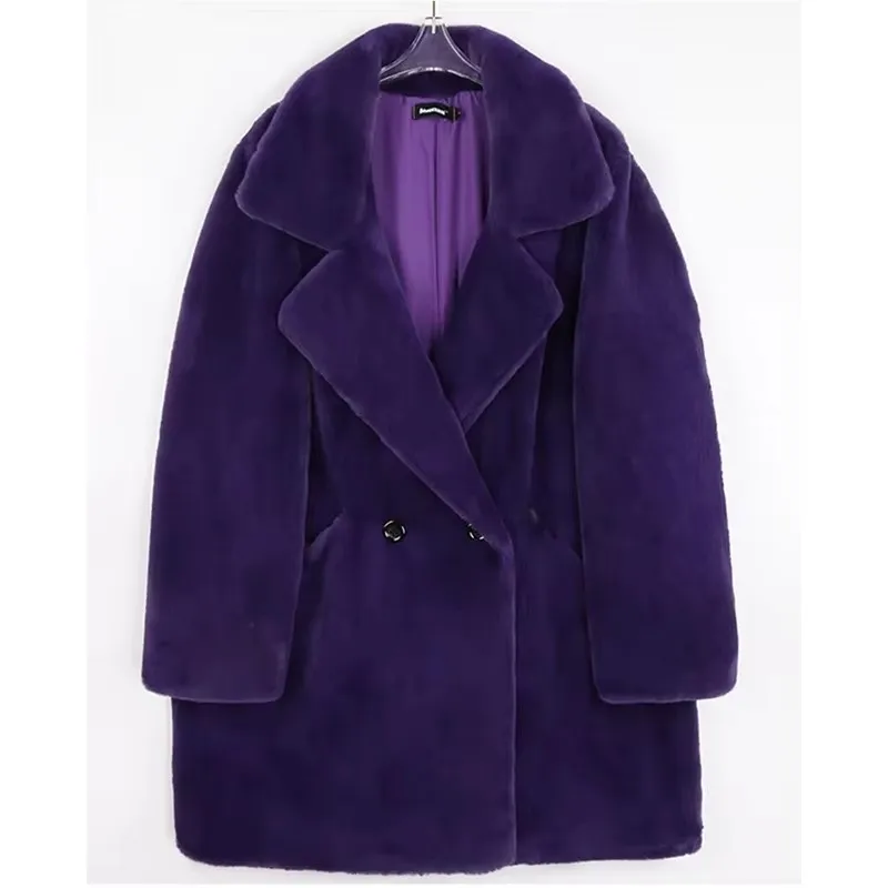 Mauroicardi Winter Oversized Purple Warm White Faux Fur Coat Women Long Sleeve Double Breasted Loose Casual Soft Fluffy Jacket
