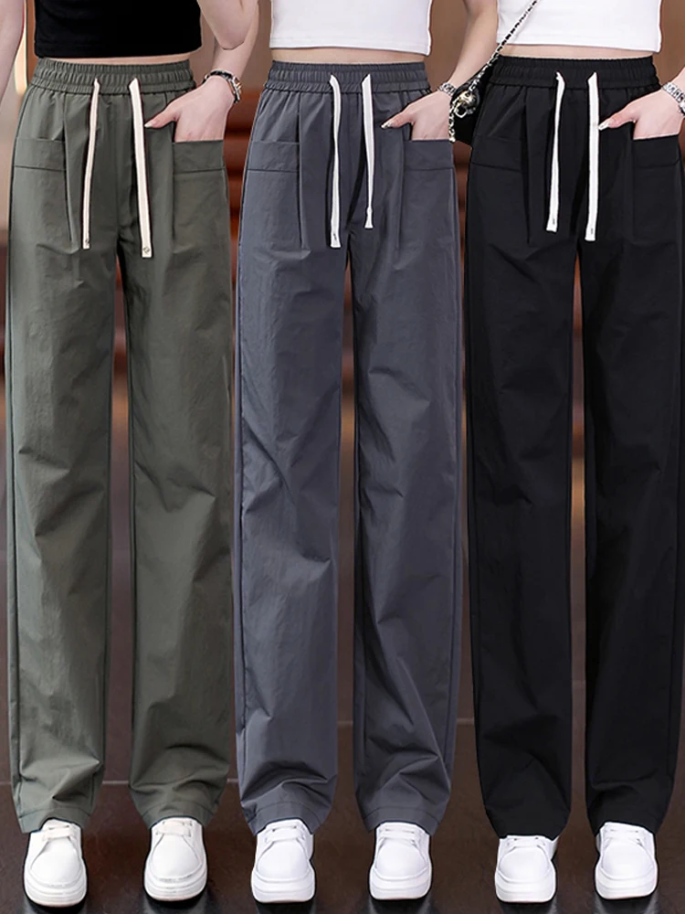 

High Waist Straight Leg Workwear Trousers for Women Summer Thin Ice Silk Qui Dry Sports Pants Elastic Waist Wide Leg Pants