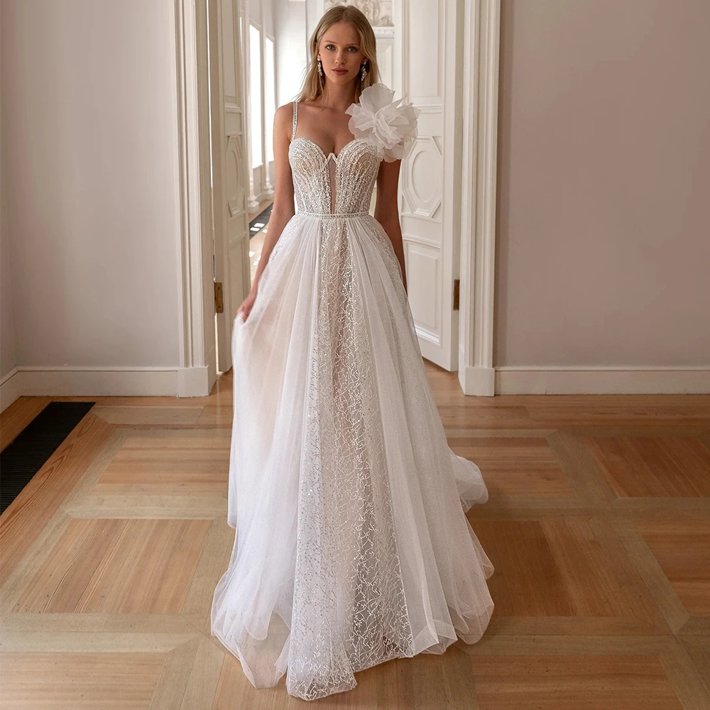 

Romantic Lace Spaghetti Straps Wedding Dress for Brides Customized Tulle A-Line Zipper Back Sweetheart Flowers Bridal Gowns