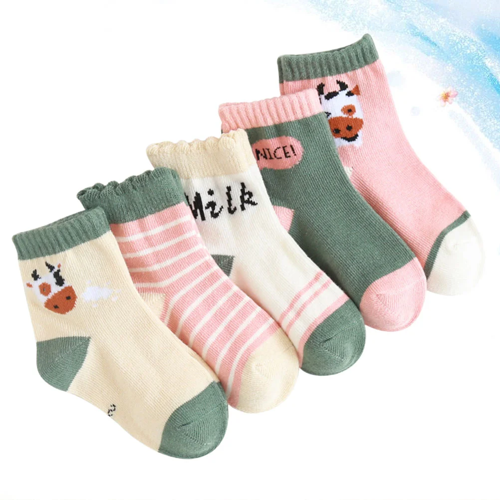 5 Pairs Tube Socks Girl Child Kids Stocking with Grips for Toddlers Apparel Cow Pattern Stockings