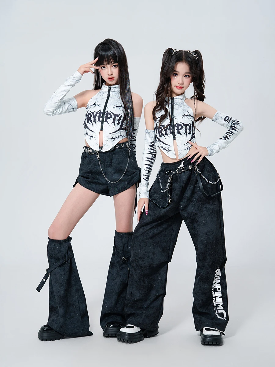 Trajes de baile de Jazz modernos 2025 para niñas, Tops plateados, pantalones sueltos, traje de práctica, ropa de calle, ropa de actuación de Hip Hop DQS19715