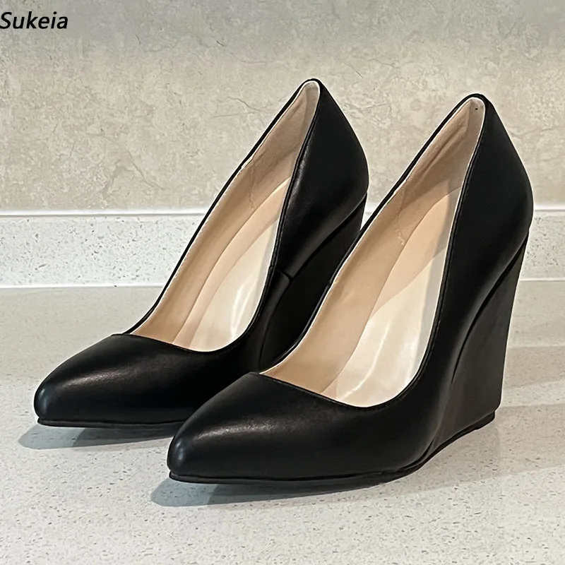 

Sukeia New Fashion Women Pumps Slip On Wedges High Heels Pointed Toe Elegant Black Party Shoes Ladies US Plus Size 5-15