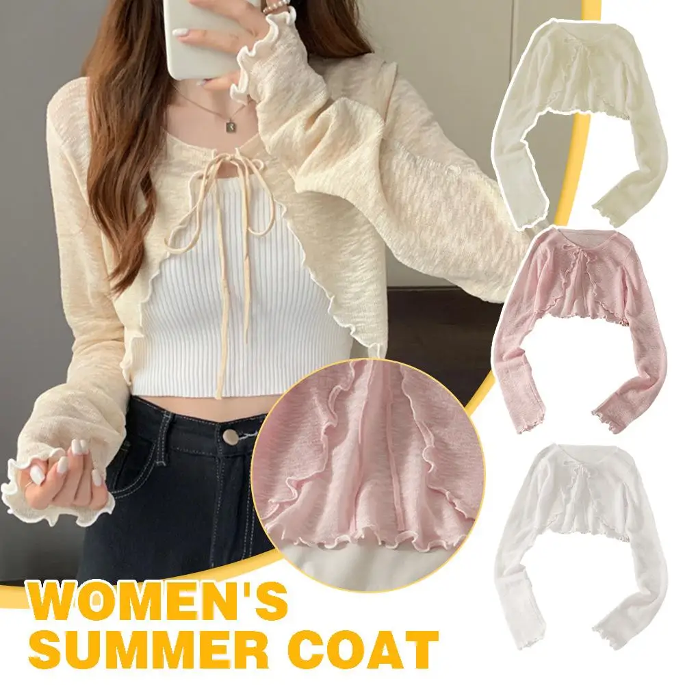 Thin Sunscreen Cardigan Lace-up Knitwear Tops Summer Women Korean Style Lantern Sleeve Short Coat Casual Sun Protected