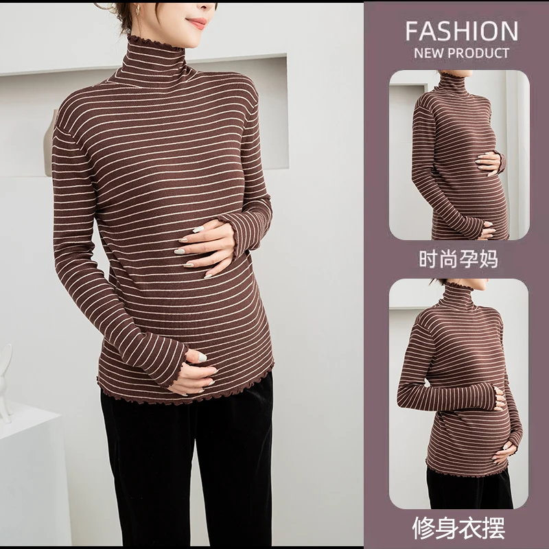 

2023 Spring & Autumn Stretch Strip Knitted Maternity Top Turtleneck A Line Slim Tees Clothes for Pregnant Women Pregnancy Tee